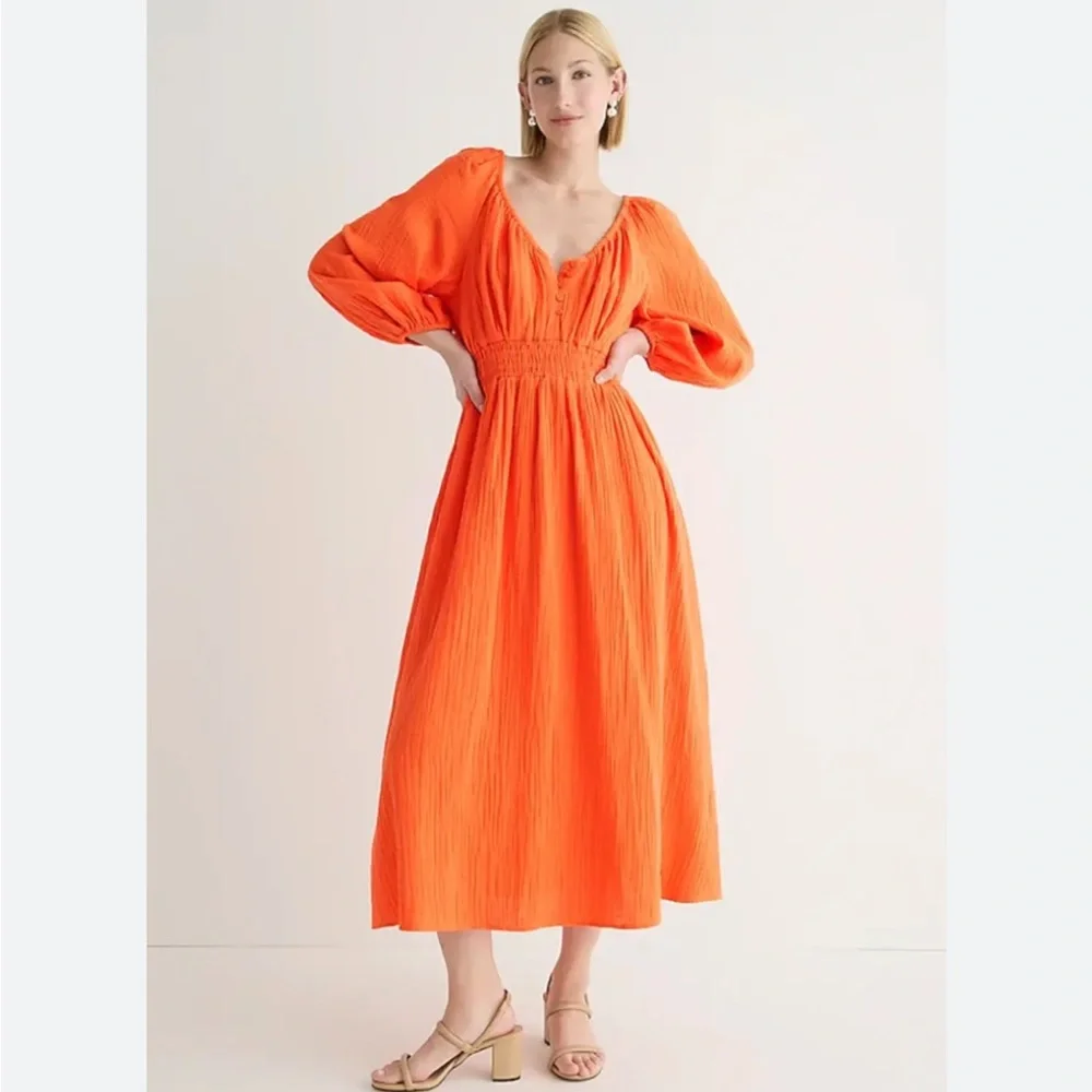 NWT Orange jcrew soft gauze midi dress with sleeves - Picture 1 of 5
